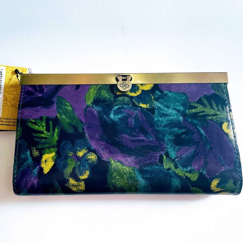 Patricia Nash Deep Blue Nature Cauchy Floral Leather RFID Frame Wallet NWT